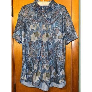 Luchiano Visconti Blue Patterned Multi Color Button Down Short Sleeve Shirt